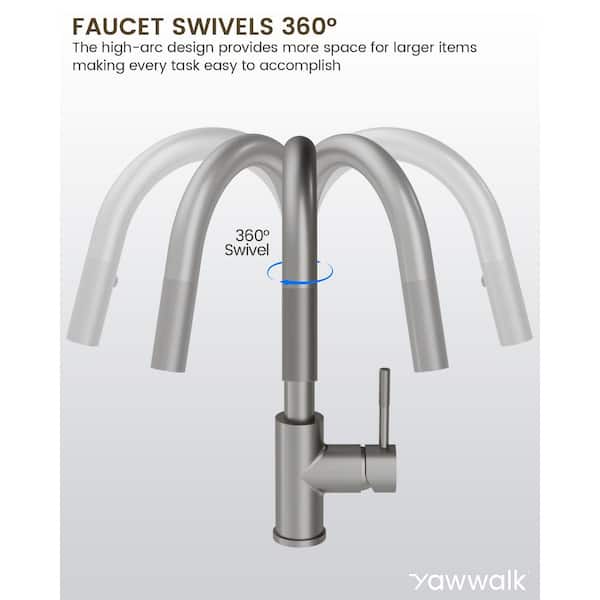 YAWWALK Brushed Nickel 15.9 in. H Pull Down Sprayer Kitchen Faucet
