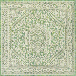 Sinjuri Medallion Textured Weave Cream/Green 5 ft. Square Indoor/Outdoor Area Rug