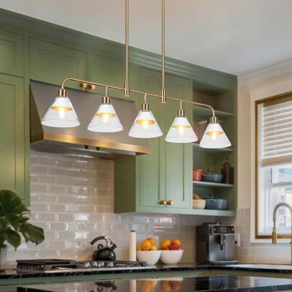 35.5 in. 5-Light White Kitchen Island Chandelier, Mid-Century Modern Plated Gold Bell Linear Chandelier Light Fixture