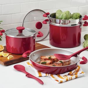 Create Delicious Stackable 8-Piece Aluminum Nonstick Cookware Set in Red Shimmer