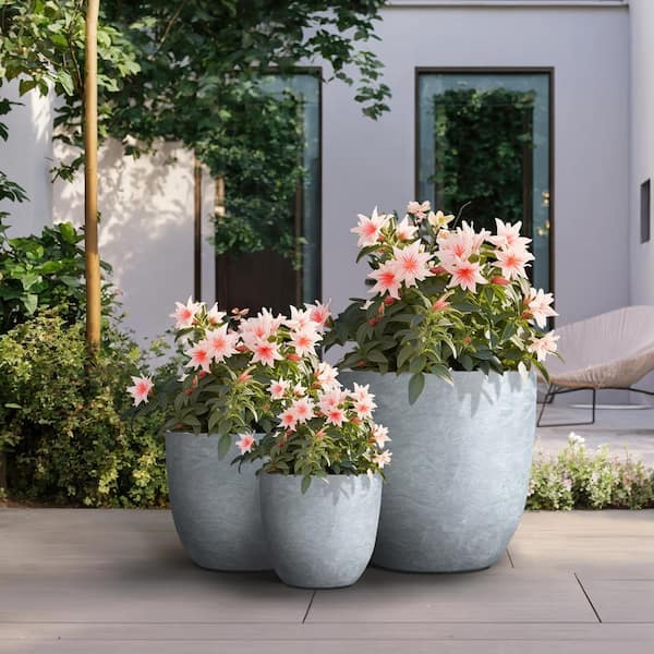 10in., 14in., 18in. Dia Soft Slate Extra Large Tall Round Concrete Plant Pot / Planter for Indoor & Outdoor Set of 3