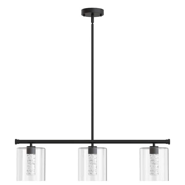 3-Light Matte Black Modern Kitchen Island Integrated LED Pendant Light fixtures,Linear Chandelier with Clear Glass Shade