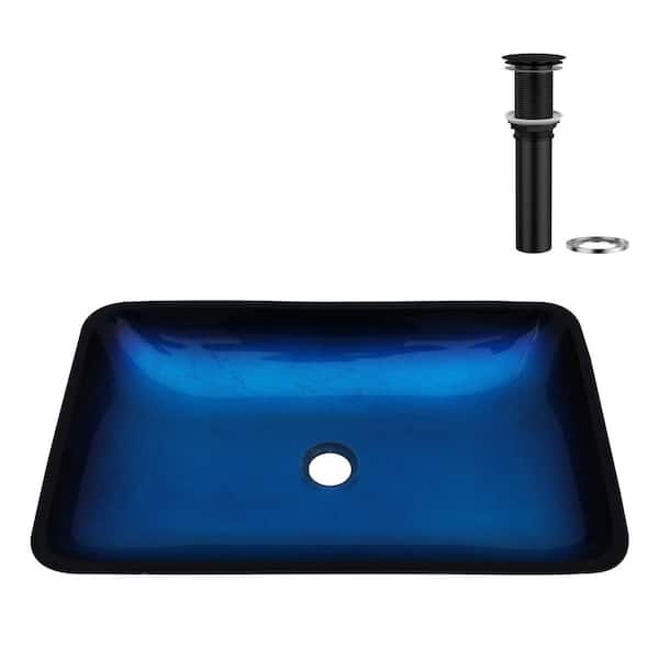 22 in. Dark Blue Glass Rectangular Vessel Bathroom Sink with Black Pop-up Drain