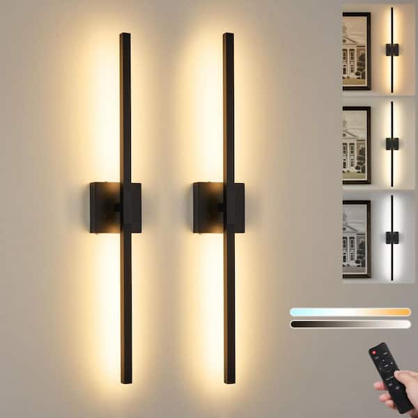 24 in. Modern Black Rechargeable Battery Operated Wall Sconce (Set of 2) 360° Rotatable Dimmable Wall Light with Remote