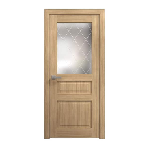 18 in. x 84 in. Frosted Glass Painted White Oak Solid Wood Swing Door With Hardware