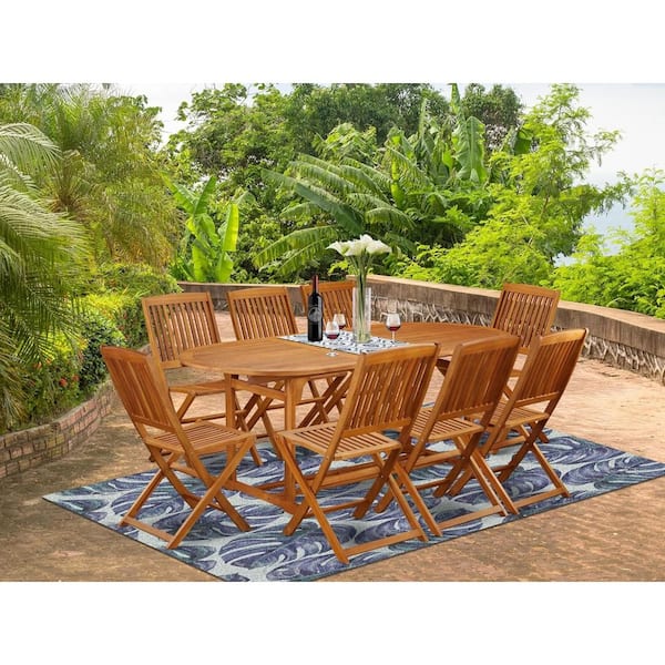 9-Piece Natural Oak Finish Solid Wood Top Dining Table with 8 Chairs with Lattice Back