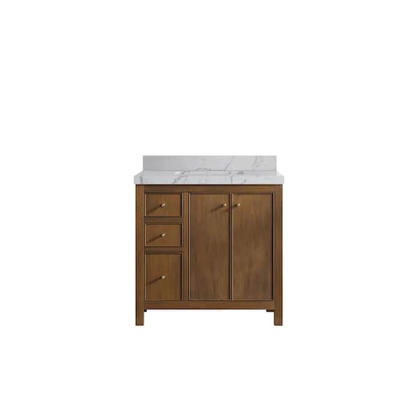 Willow Collections Chicago Teak 36 in. W x 22 in. D x 36 in. H Center Sink Bath Vanity in Dark Natural with 2" Venatino Qt. Top