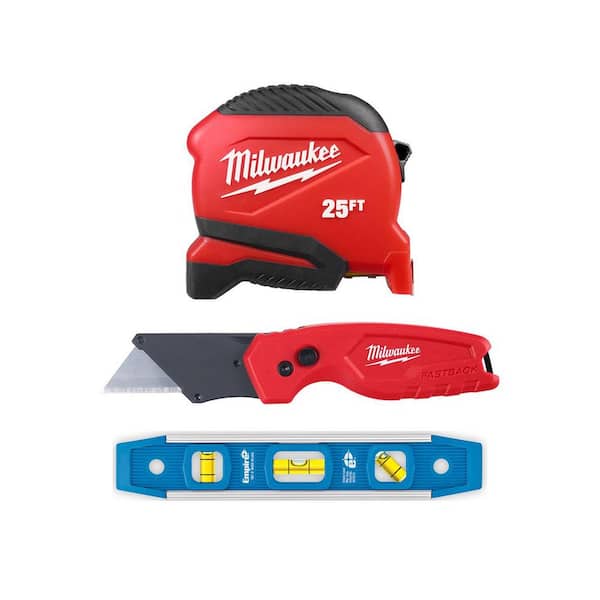 25ft Compact Tape Measure, FASTBACK Compact Folding Utility Knife and (2) 9" NEON Blue Torpedo Levels