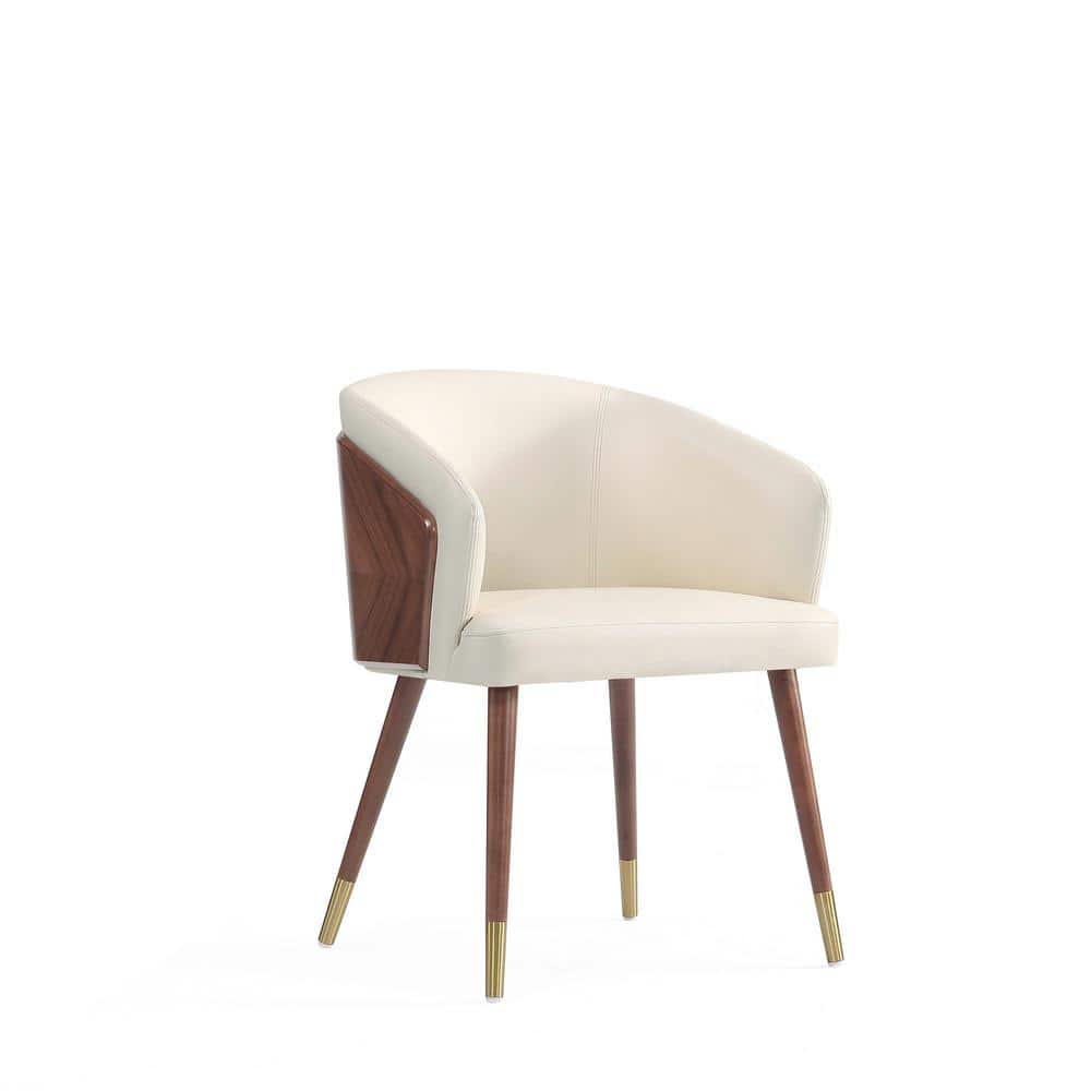 Cream Faux Leather Upholstered Arm Chair with Walnut Legs
