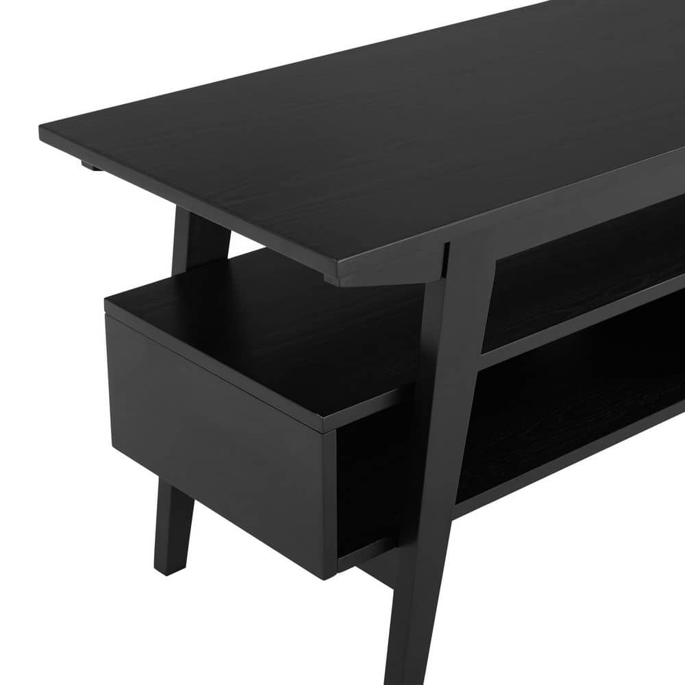 Black Solid Wood Japandi TV Stand with Open Shelving, 47 Inch
