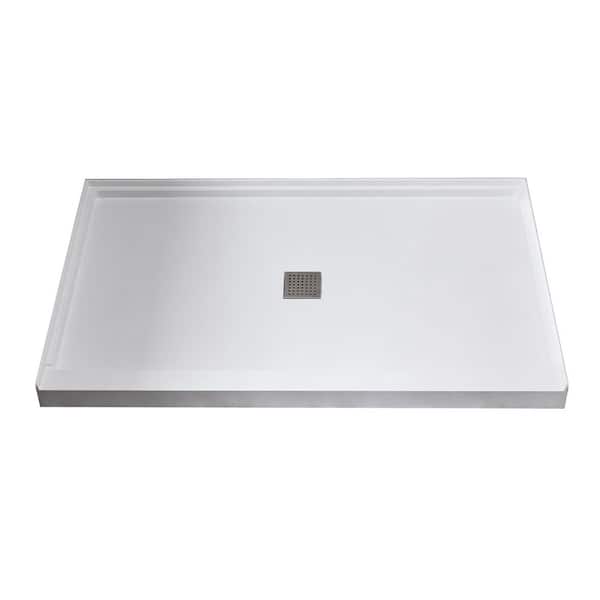Alexander 60 in. L x 32 in. W Alcove Shower Pan Base with Center Drain in Glossy White Marine Acrylic