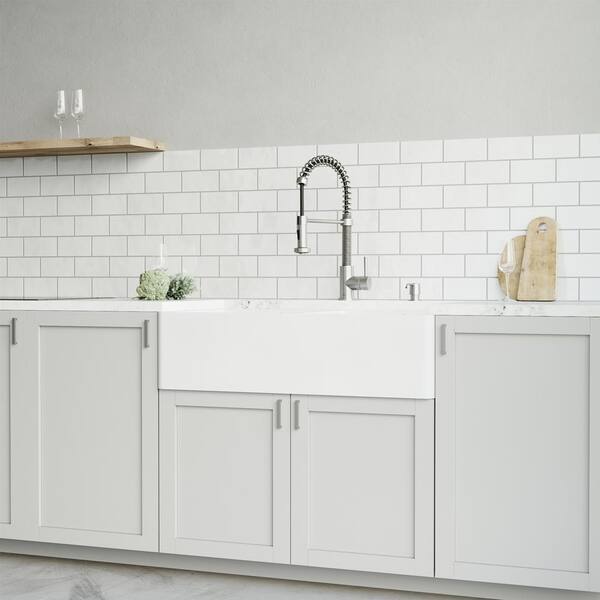 Vigo Matte Stone White Composite 36 In Double Bowl Flat Farmhouse Kitchen Sink With Faucet Stainless Steel And Accessories Vg84047 Double Bowl Flat Farmhouse Kitchen Sink, Farmhouse Kitchen Faucet
