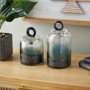 Blue Handmade Glass Decorative Jars with Gold Flake Details and Ring Lids (Set of 2)