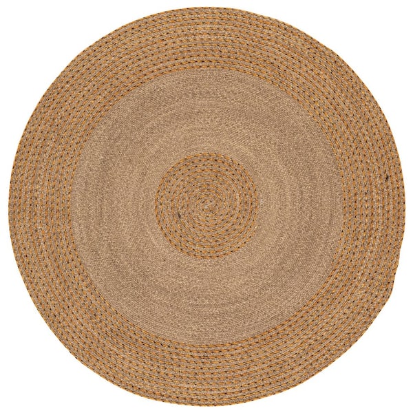 Braided 5 ft. x 5 ft. Round Natural/Gold Concentric Border Striped Area Rug