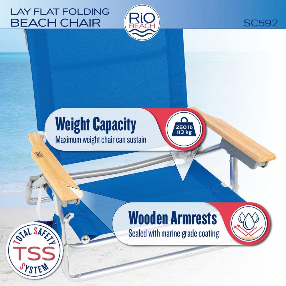 Green and Blue Striped Aluminum Folding Beach Chair with Wooden Arms