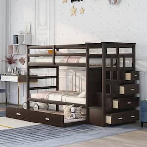 Espresso Twin Over Twin Bunk Bed with Trundle, Wood Bunk Bed Frame with Stairs and 4-Storage Drawers for Kids Teens