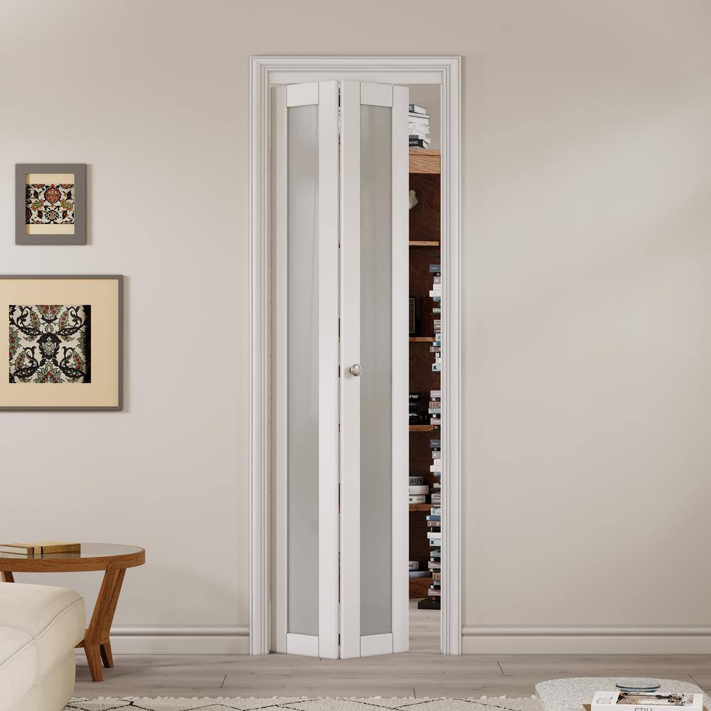 24 in. x 80 in. White Frosted Glass Solid Core MDF Bifold Door