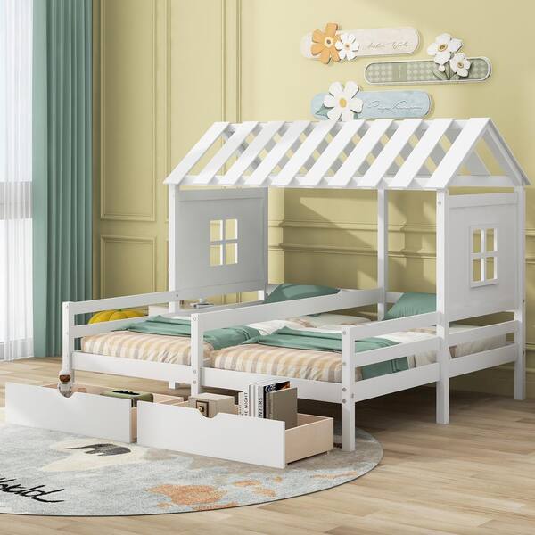 Harper & Bright Designs White Twin Size Wood Frame Combination of 2 Side by Side Platform Bed