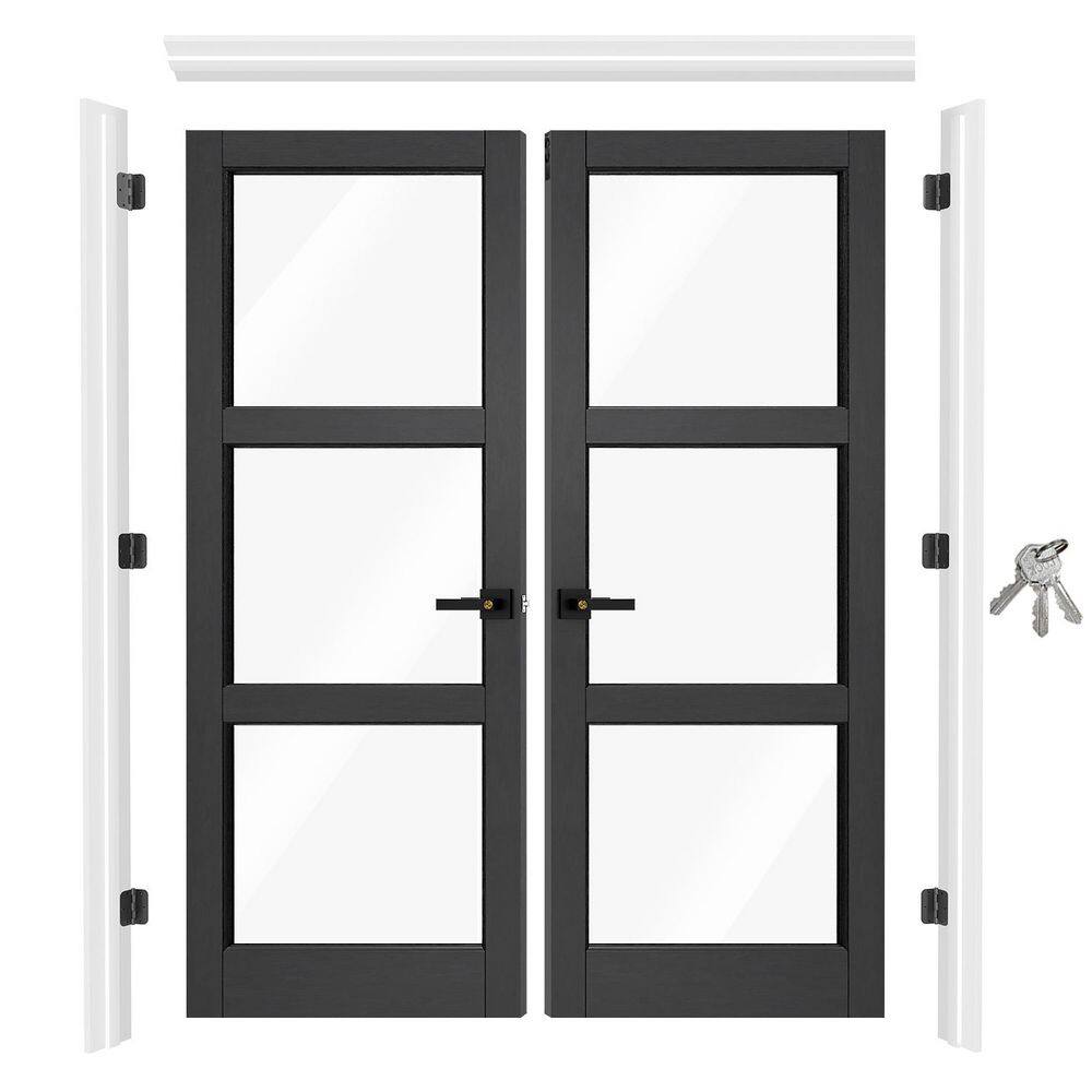 64 in. x 80 in. 3 Lite Clear Glass Black MDF Door with Quick Assemble Jamb, Lever & Latch, Assembly Required Door Kit price history on PriceWatchPro