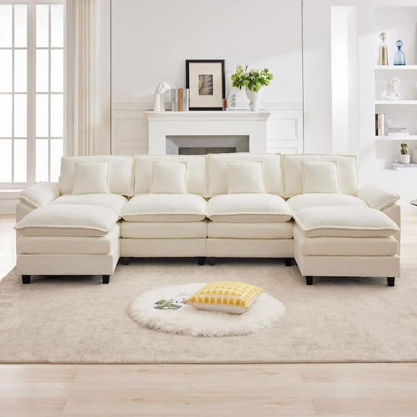 Beige 136.6 in. Chenille Fabric 6-Seat Pillow Top Arm U-Shaped Sectional Sofa with 2-Ottomans for Living Room
