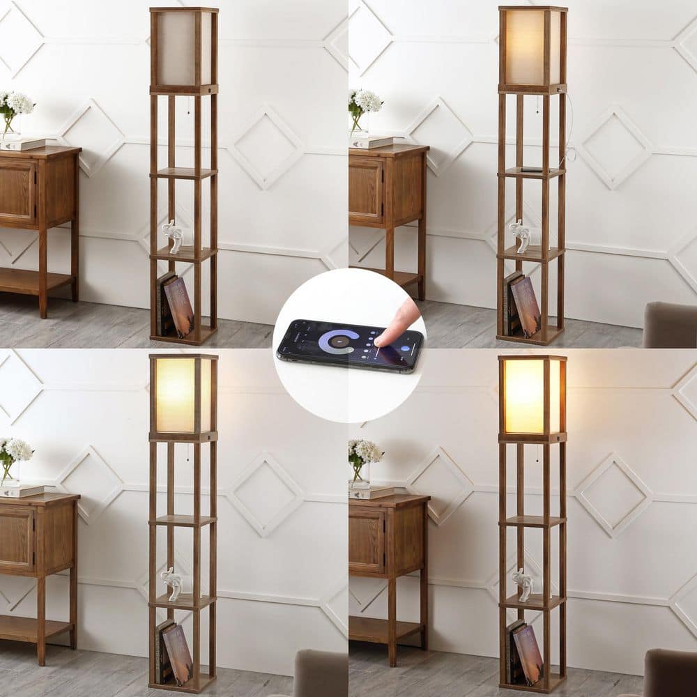 63.5" Beige Wooden 3-Shelf Floor Lamp with USB Port