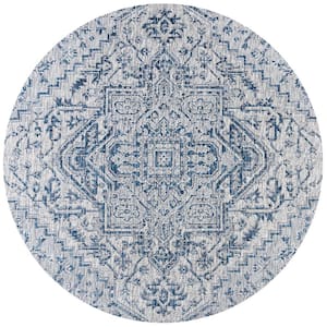 Estrella Bohemian Medallion Textured Weave Navy/Gray 4 ft. Round Indoor/Outdoor Area Rug