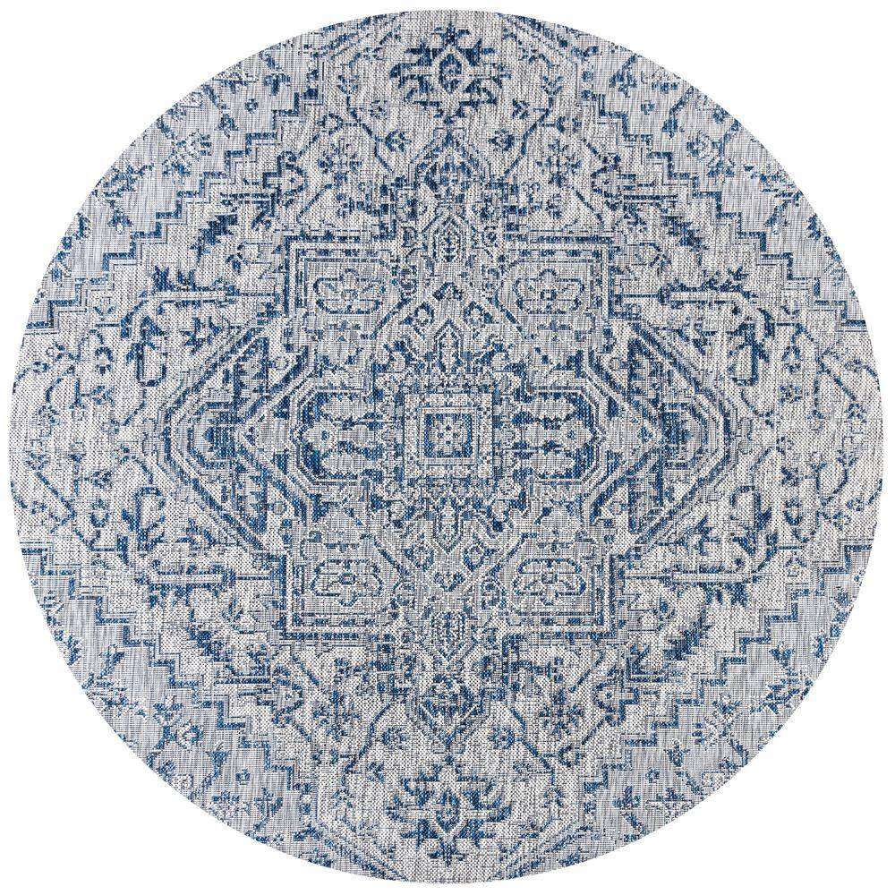 Navy and Gray Round Medallion Flat Woven Synthetic Rug
