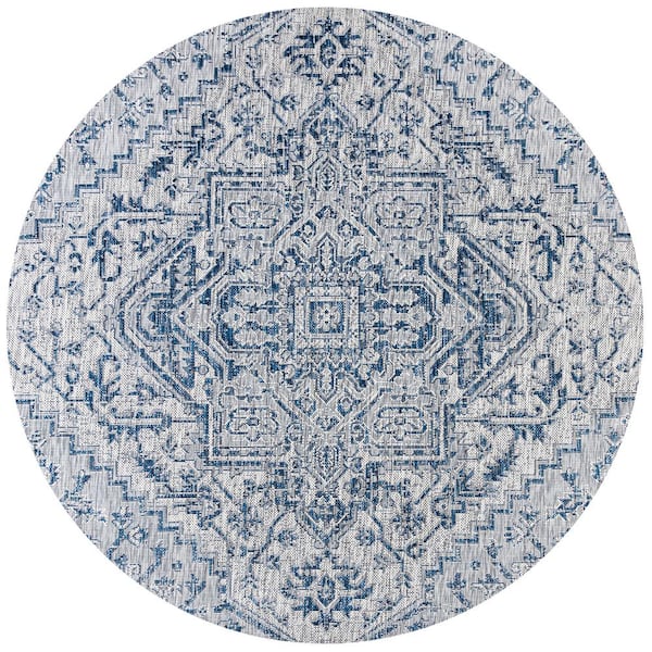 Estrella Bohemian Medallion Textured Weave Navy/Gray 9 ft. Round Indoor/Outdoor Area Rug