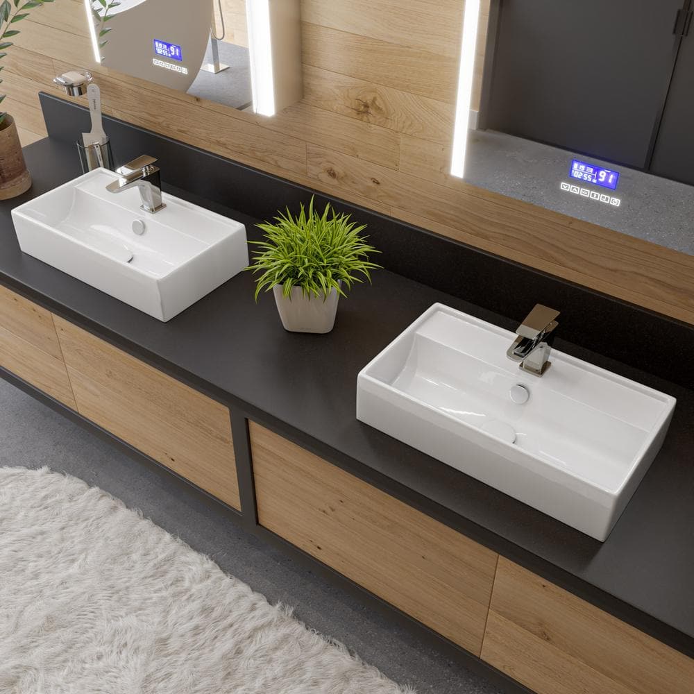 White Ceramic Rectangular Wall-Mounted Bathroom Sink with Overflow