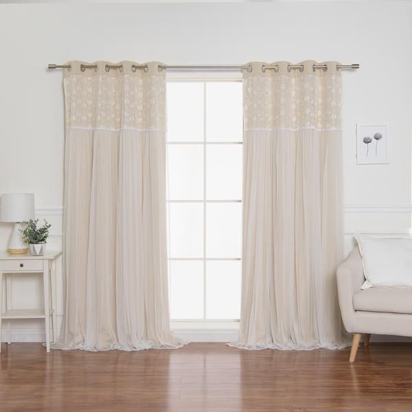 Best Home Fashion Beige Floral Lace Grommet Overlay Blackout Curtain - 52  in. W x 84 in. L (Set of 2) GROM_BO_IRENE-84-BEIGE - The Home Depot