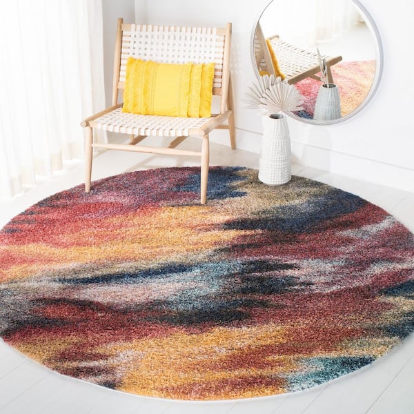 Calista 7 ft. x 7 ft. Red/Blue Abstract Multicolor Round Area Rug