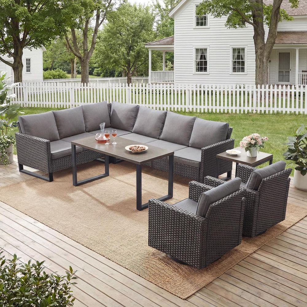7-Piece Brown Wicker Patio Conversation Set with Olefin Gray Cushions and Sectionsal Sofa/ Patio Swivel Rockers price history on PriceWatchPro