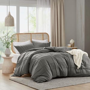 Porter 3-Piece Grey Queen Soft Microfiber Washed Pleated Duvet Cover Set