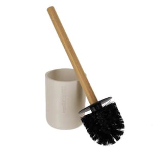 Stylish Matte Beige Toilet Brush and Holder Set with Natural Bamboo Handle - Polyresin Bathroom Cleaning Solution
