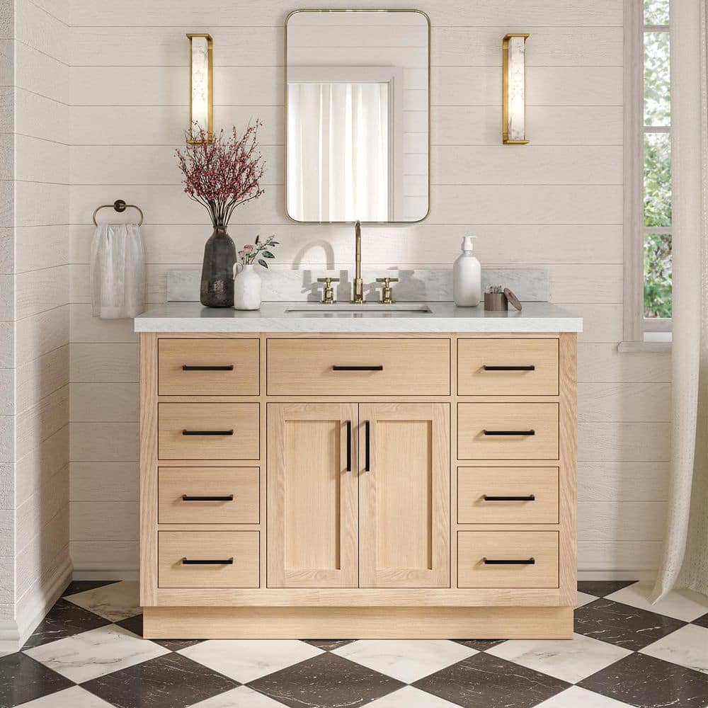 Hepburn 48 in. Single Sink Freestanding Bath Vanity in Oak with Carrara White Marble Top & Sidesplash price history on PriceWatchPro