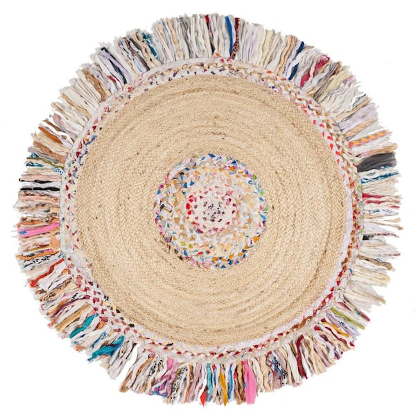 SAFAVIEH Cape Cod Ivory/Light Beige Doormat 3 ft. x 3 ft. Round Gradient Border Area Rug