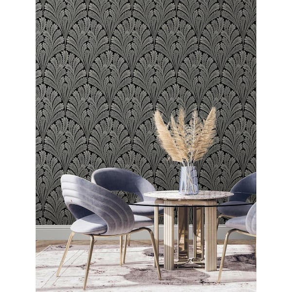 York Wallcoverings 56 sq ft. Black Shell Damask Pre-Pasted