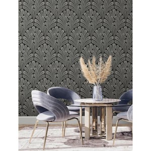 56 sq ft. Black Shell Damask Pre-Pasted Wallpaper