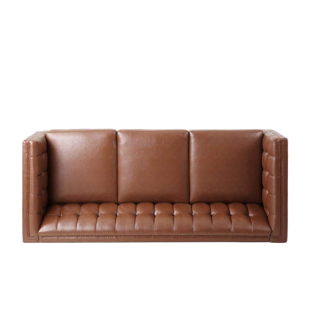Cognac Brown Faux Leather Tufted Tuxedo Sofa with Wood Accents