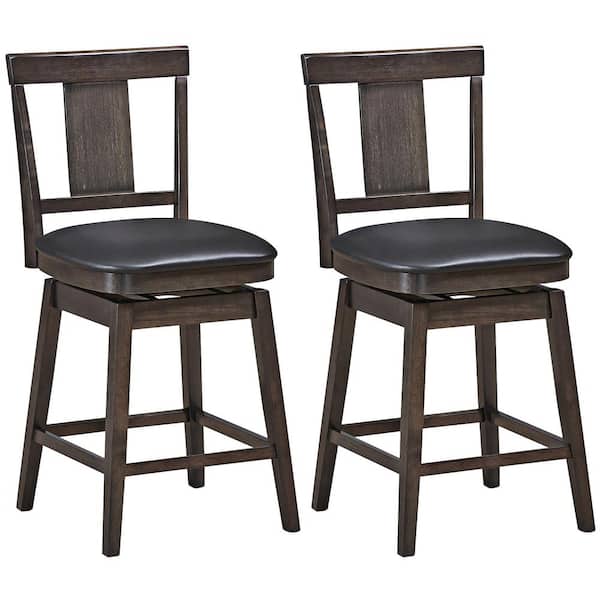 Costway 29 In H Brown Height Back Wood, Wood And Leather Swivel Bar Stools