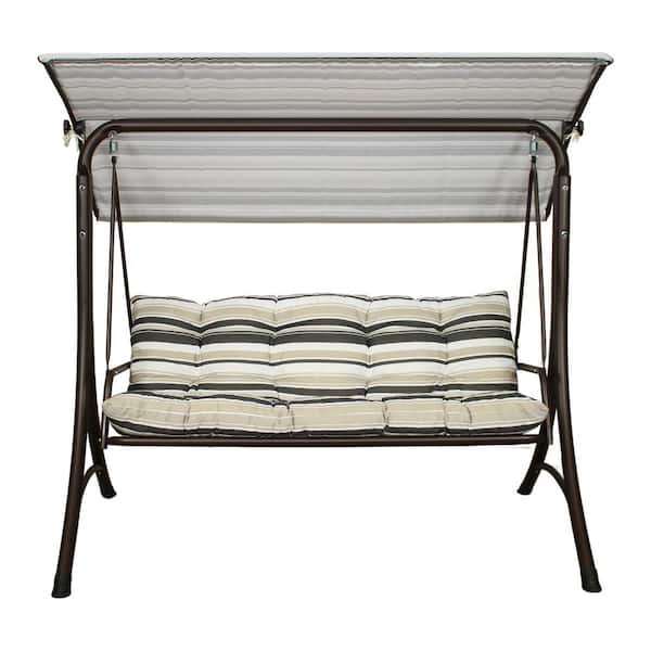 Made in Italy 3-Person Deluxe Outdoor PatioSteel Garden Swing with Adjustable Canopy and Cushions for Poolside, Brown