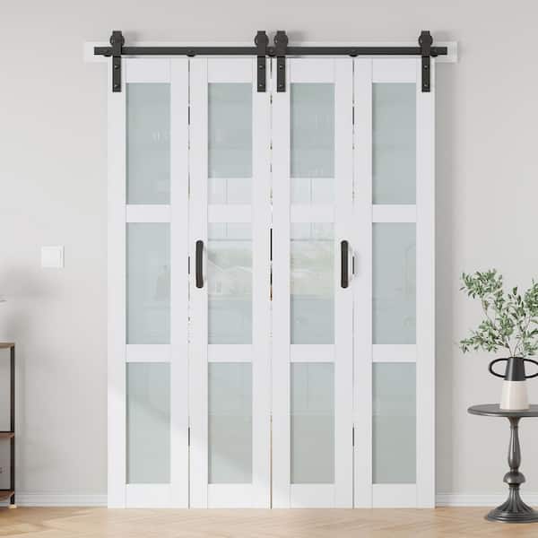 64 in. x 84 in. 3/4 Lite Frosted Glass Solid Core MDF White PVC Bi-fold Door with Hardware