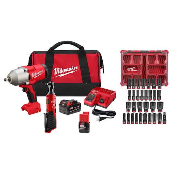 M12/M18 12/18V Lith-Ion Cordless 3/8 in. Ratchet & 1/2 in. High Torque Impact Wrench Combo Kit with PACKOUT Socket Set