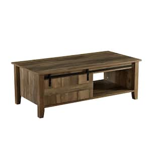 43.31 in. Oak Walnut Wooden Coffee Table with Sliding X Barn Door For Living Room