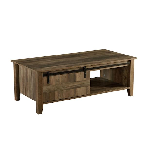 cadeninc 43.31 in. Oak Walnut Wooden Coffee Table with Sliding X Barn Door For Living Room