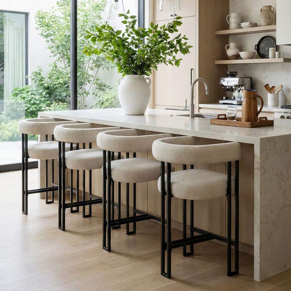 "24"" Counter Height Bar Stool with Back, Oatmeal Fabric Upholstered Kitchen Island Stool, Metal Legs, Set of 4" price history on PriceWatchPro