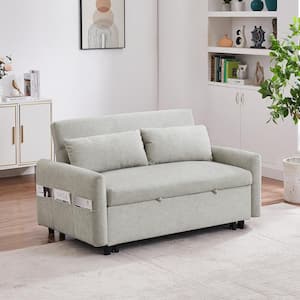 55 in. Beige Pull Out Sleep Sofa Bed Microfiber 2-Seater Loveseat Sofa Couch with 2-Soft Pillows and USB Ports