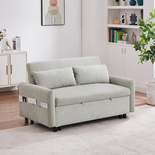 Clihome 55 in. Beige Pull Out Sleep Sofa Bed Microfiber 2-Seater Loveseat Sofa Couch with 2-Soft Pillows and USB Ports