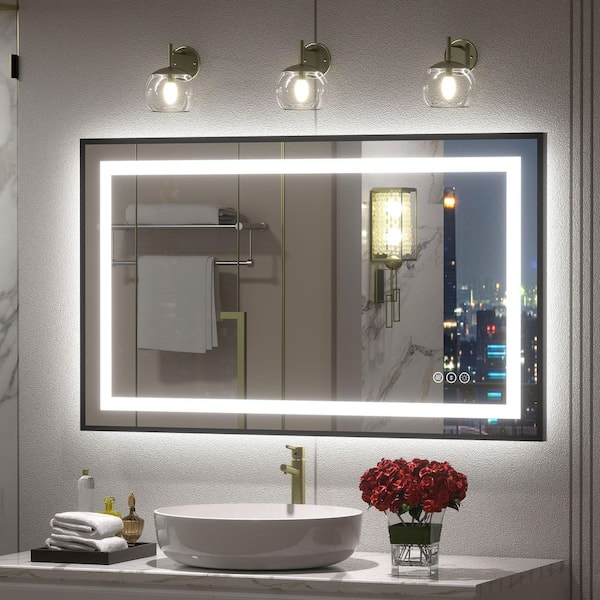 Apmir 40 in. W x 24 in. H Rectangular Framed Front and Back LED Lighted Anti-Fog Wall Bathroom Vanity Mirror in Tempered Glass