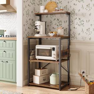 Rustic Brown 4-Shelf Wood 23.6 in. Kitchen Baker's Rack with Power Outlet, Microwave Oven Stand, Wheels and Hooks
